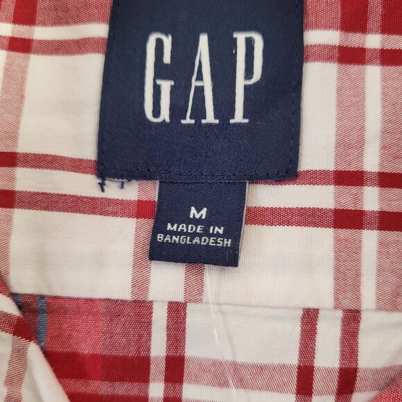 GAP Men's Red & White Plaid Short Sleeve Button-Up Poplin Cotton Shirt Medium - Picture 6 of 10